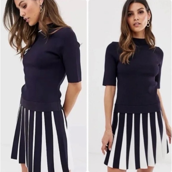 Ted Baker Hethia Pleated Knit Flippy Dress Navy Blue White Women’s US Size 2 - Picture 1 of 16